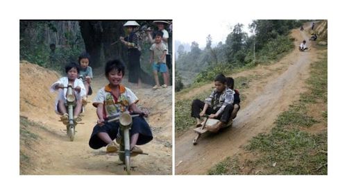  Trẻ em vùng cao xã Lao Chải chơi xe gỗ. Ảnh: Thu Hương 