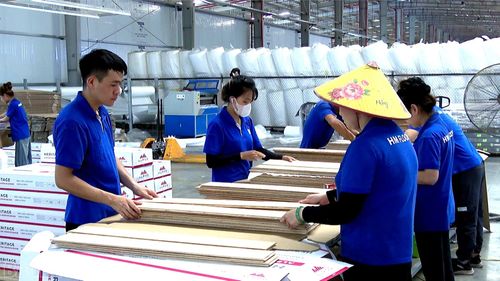 Người lao động Công ty TNHH ngành gỗ OaKoncept Việt Nam thi đua lao động chào mừng Đại hội Công đoàn Việt Nam lần thứ XIV.