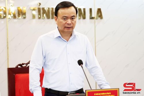 Đồng chí Hà Trung Chiến, Ủy viên Ban Thường vụ Tỉnh ủy, Phó Chủ tịch Thường trực UBND tỉnh phát biểu tại cuộc họp.