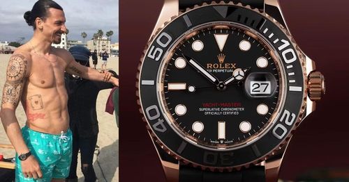 Bộ sưu tập của Zlatan Ibrahimović tiếp tục ghi nhận sự góp mặt của chiếc Rolex Yacht-Master (Ref. 126655) bằng vàng hồng Everose 18k. Sự kết hợp giữa bộ vỏ vàng độc quyền và mặt số đen bóng mang lại diện mạo sang trọng, đầy tinh tế. Thiết kế linh hoạt giúp cỗ máy này dễ dàng đồng hành cùng chủ nhân trong mọi hành trình từ đại dương đến các sự kiện thượng lưu. (Ảnh: Rubber B)