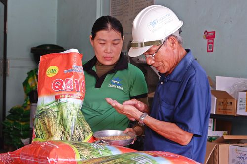 Chị Chung Thị Loan tư vấn về lúa giống cho nông dân địa phương. Ảnh: HOÀNG ĐẠO