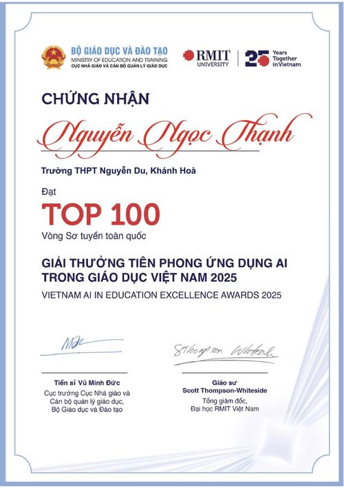 Chứng nhận sản phẩm POINT SYNC của thầy Nguyễn Ngọc Thạnh đạt Top 100 Giải thưởng Tiên phong ứng dụng AI trong giáo dục Việt Nam năm 2025.