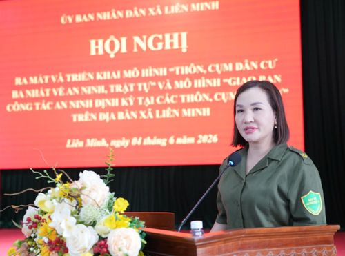 Vũ Thị Hoa, Tổ trưởng Tổ an ninh cơ sở thôn Địch Đình phát biểu tại hội nghị. Ảnh: Đỗ Văn Tùng
