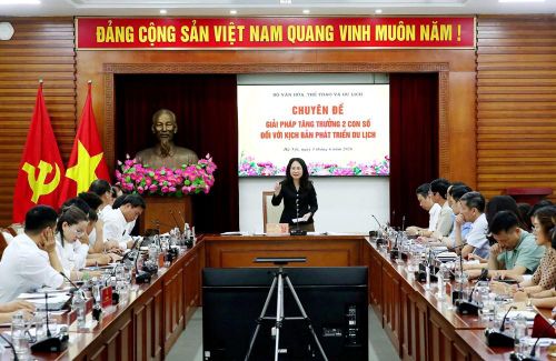 Ủy viên Ban Chấp hành Trung ương Đảng, Bộ trưởng Bộ VHTTDL Lâm Thị Phương Thanh chủ trì buổi làm việc về Chuyên đề giải pháp tăng trưởng hai con số đối với kịch bản phát triển du lịch vào sáng 5.6, tại Hà Nội