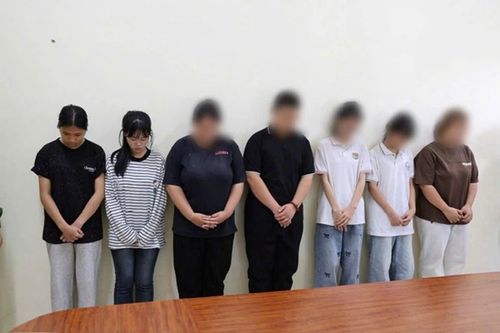 Hai đối tượng (ngoài cùng, bên trái) bị khởi tố vì đánh hội đồng nữ sinh cùng trường. Ảnh: CACC