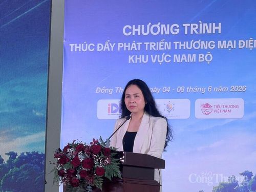 Bà Lê Hoàng Oanh, Cục trưởng Cục TMĐT và Kinh tế số phát biểu tại hội nghị.