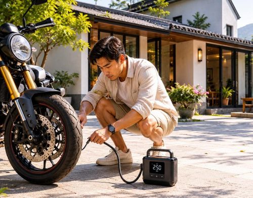 Chỉ cần một chiếc máy bơm cầm tay, bạn hoàn toàn có thể tự bơm xe tại nhà một cách nhẹ nhàng. Ảnh: AI