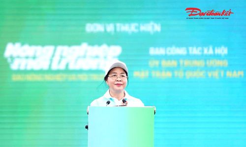 Bà Bùi Thị Minh Hoài - Ủy viên Bộ Chính trị, Bí thư Trung ương Đảng, Chủ tịch UBTƯ MTTQ Việt Nam đọc Lời kêu gọi “Toàn dân chung tay bảo vệ môi trường, vì một Việt Nam xanh – sạch – đẹp”. Ảnh: Cẩm Kỳ.