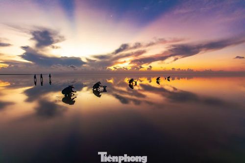 Khi thủy triều rút sâu, lớp nước mỏng phủ trên bãi triều tạo nên mặt gương khổng lồ phản chiếu bầu trời. Biển, mây và ánh sáng hòa quyện, xóa nhòa ranh giới giữa đất và nước, tạo nên khung cảnh "siêu thực".