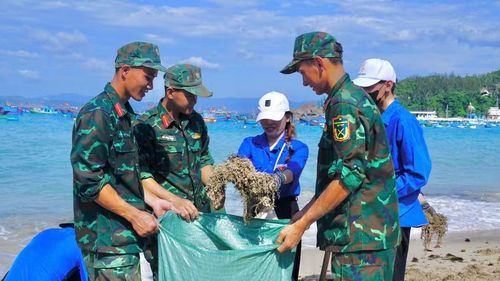 Các bạn trẻ không ngại cái nắng gắt của mùa hè, sẵn sàng đổ mồ hôi để biển Nhơn Châu thêm sạch. Ảnh: D.L