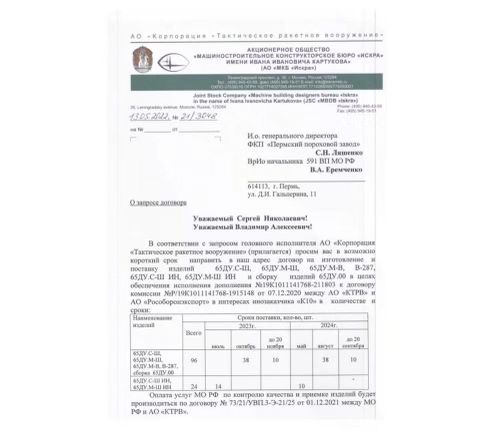 Trong năm 2023, PPZ và Iskra còn ký hợp đồng cung cấp đầu đạn biến thể Sh-295 dùng cho tên lửa không đối không K-73 với khối lượng tổng cộng 123 đơn vị.