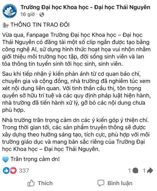Thông tin trao đổi từ fanpage nhà trường sau khi có phản ánh dùng hình ảnh có dấu hiệu xâm phạm sở hữu trí tuệ