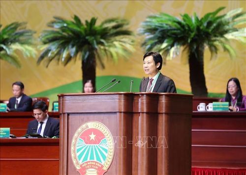 Phó Chủ tịch Hội Nông dân Việt Nam Nguyễn Xuân Định trình bày Quy chế làm việc của Đại hội. Ảnh: Hoàng Hiếu/TTXVN