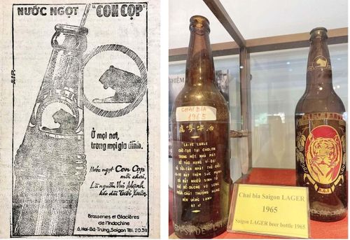 Quảng cáo thương hiệu Con Cọp trên báo Sài Gòn trước 4.1975 (trái) và hiện vật xưa tại Phòng trưng bày của Nhà máy Bia Sài Gòn. Ảnh: TL - TDTT
