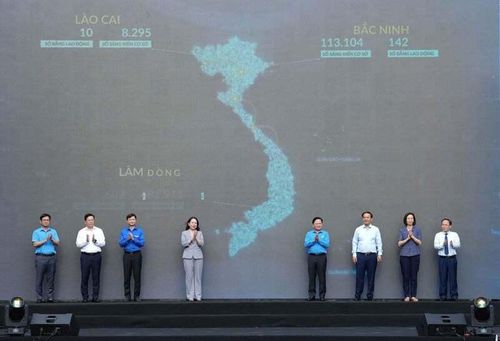 Đại diện lãnh đạo Đảng, Nhà nước, Tổng Liên đoàn Lao động Việt Nam... thực hiện nghi thức phát động phong trào thi đua toàn quốc “Lao động giỏi - Năng suất cao - Thu nhập tốt”. Ảnh: Hữu Chánh