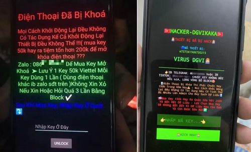 Một vài kiểu thông báo của ứng dụng tống tiền khi chiếm quyền kiểm soát màn hình smartphone. Ảnh: TT/Văn Đại