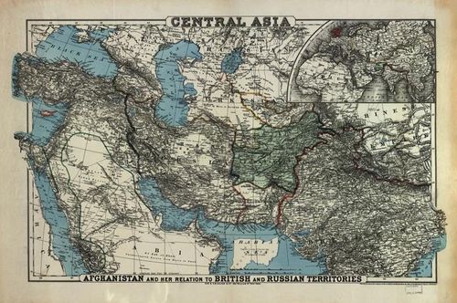 Bản đồ Afghanistan năm 1885 trong tương quan với các lãnh thổ thuộc Anh và Nga tại Trung Á. (Thuộc phạm vi công cộng, lấy từ Wikimedia Commons).