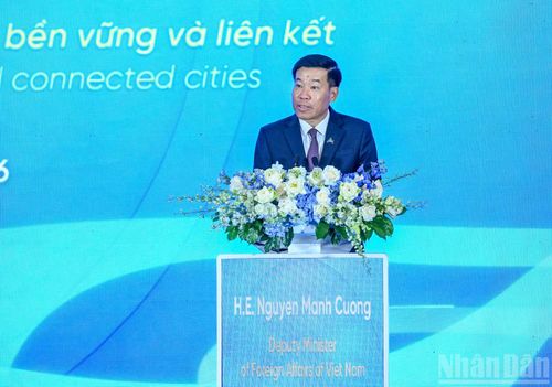 Thứ trưởng Ngoại giao Nguyễn Mạnh Cường phát biểu tại hội nghị. (Ảnh: DUY LINH)