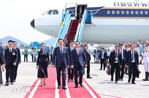 Ủy viên Trung ương Đảng, Bộ trưởng Dân tộc và Tôn giáo Nguyễn Đình Khang đón Thủ tướng Vương quốc Thái Lan Anutin Charnvirakul tại sân bay quốc tế Nội Bài (Hà Nội). (Ảnh: Minh Đức/TTXVN)
