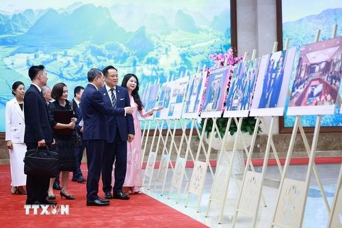 Sau hội đàm, chiều 8/6/2026, tại Trụ sở Chính phủ, Thủ tướng Lê Minh Hưng và Thủ tướng Vương quốc Thái Lan Anutin Charnvirakul tham quan trưng bày ảnh về quan hệ hợp tác giữa hai nước, do Thông tấn xã Việt Nam thực hiện. (Ảnh: Dương Giang/TTXVN)