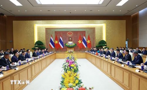 Thủ tướng Lê Minh Hưng hội đàm với Thủ tướng Vương quốc Thái Lan Anutin Charnvirakul. (Ảnh: Dương Giang/TTXVN)