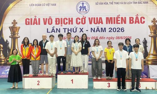 Vận động viên Bắc Ninh (bục số 1) nhận Huy chương Vàng, nội dung cờ nhanh đồng đội nữ bảng vô địch nâng cao.