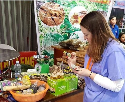 Khách nước ngoài tìm hiểu để mua sắm sản phẩm quế Trà My. Ảnh: QUANG VIỆT