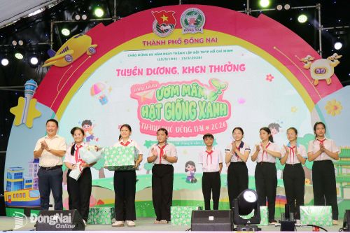 Anh Bùi Xuân Dũng, Phó Giám đốc Nhà văn hóa Thanh Thiếu nhi thành phố, Phó Chủ tịch Hội đồng Đội thành phố Đồng Nai trao giải nhất cho cụm 5. Ảnh: Ngọc Huyền