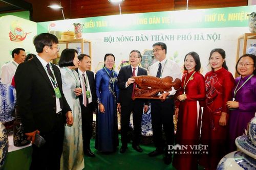 Lãnh đạo Trung ương Hội Nông dân Việt Nam thăm gian hàng của Hội Nông dân thành phố Hà Nội bên lề Đại hội. Ảnh: Dân Việt.