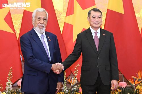 Thủ tướng hai nước cùng chụp ảnh lưu niệm, bắt tay tại sảnh lớn Trụ sở Chính phủ trước khi bắt đầu cuộc hội đàm.