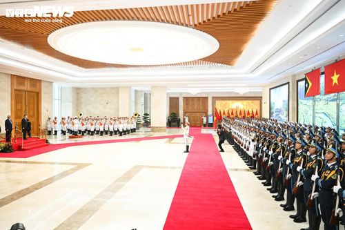 Trong không khí trang nghiêm của lễ đón, quốc thiều Việt Nam và Timor-Leste vang lên. Thủ tướng Lê Minh Hưng và Thủ tướng Timor Leste Kay Rala Xanana Gusmão cùng thực hiện nghi thức chào cờ hai quốc gia.