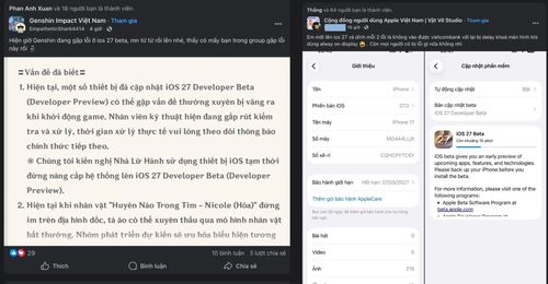 Nhiều vấn đề được ghi nhận trên iOS 27 Beta. Ảnh: Facebook.