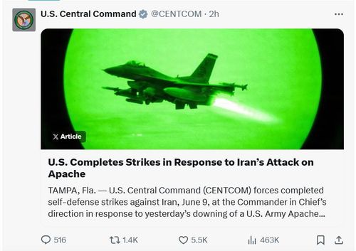Ảnh chụp màn hình bài đăng của CENTCOM trên X thông báo Mỹ đã đáp trả xong vụ Iran bắn rơi trực thăng Apache.