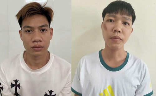 Hai đối tượng Bùi Văn Đạt và Bùi Mạnh Thắng tại cơ quan Công an.