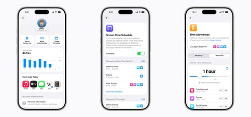 Các tính năng quản lý thời gian, thời điểm sử dụng app của con cái. Ảnh: Apple.