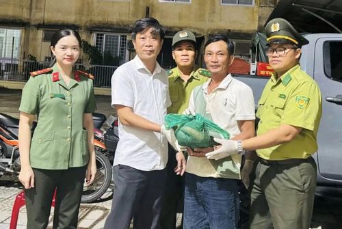 Ông Lê Thanh Tú (thứ hai từ phải sang) bàn giao cá thể tê tê quý hiếm cho cơ quan chức năng.