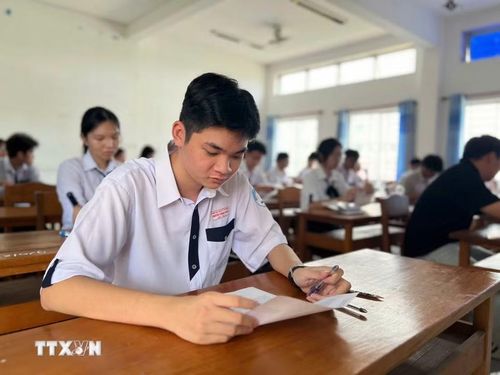 Thí sinh kiểm tra giấy tờ trước giờ thi. (Ảnh: Ánh Tuyết/TTXVN)