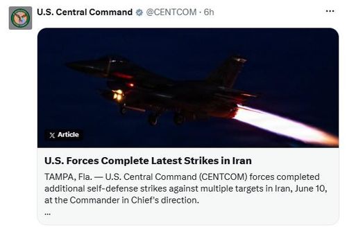 Ảnh chụp màn hình bài đăng của CENTCOM thông báo kết thúc đợt không kích ngày 10/6.