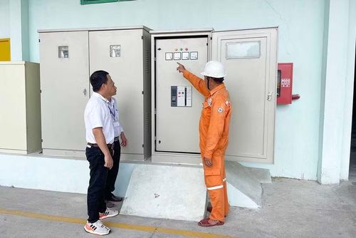 Nhân viên Điện lực Phú Tài kiểm tra hệ thống điện ở doanh nghiệp sản xuất trong Khu công nghiệp Phú Tài (phường Quy Nhơn Bắc). Ảnh: Hải Yến