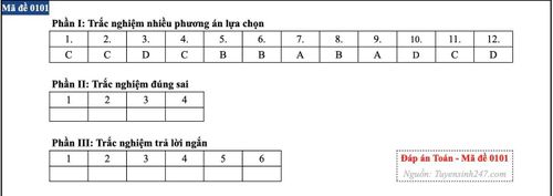 Đáp án môn Toán mã đề 0101 kỳ thi tốt nghiệp THPT năm 2026