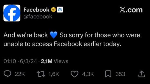 Bài đăng gần nhất của Facebook trên X được đăng vào ngày 6/3/2024, cũng là một lời xin lỗi sau sự cố sập hệ thống.