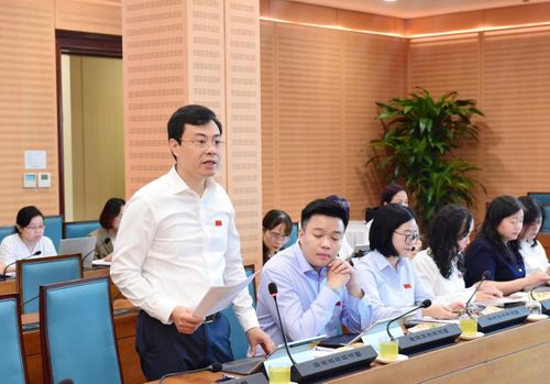 Phó Trưởng ban Khoa học, Công nghệ và Môi trường HĐND thành phố Hà Nội Đoàn Việt Cường thảo luận tại Tổ 2. Ảnh: Thành Thái