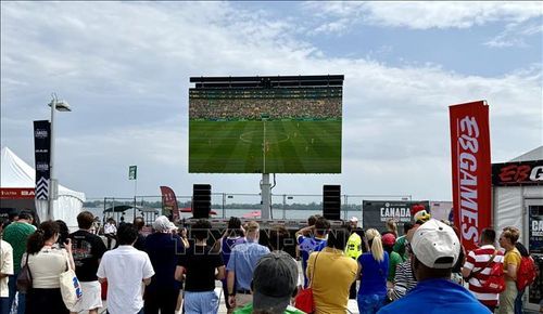 Cổ động viên Canada cổ vũ cho trận đấu giữa Mexico và Nam Phi tại Canada Soccer House. Ảnh: Thanh Hải/PV TTXVN tại Canada