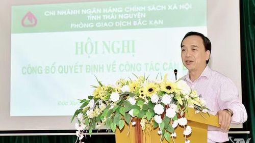 Giám đốc Ngân hàng Chính sách xã hội Bắc Kạn Hà Sỹ Côn phát biểu tại hội nghị công tác cán bộ của đơn vị.