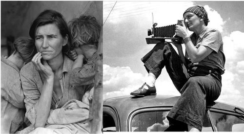 Nhiếp ảnh gia Dorothea Lange (phải) và bức ảnh 'Người mẹ di cư'.