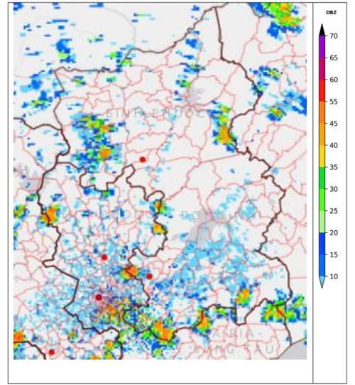 Hình ảnh radar khu vực thành phố Đồng Nai. Ảnh: Đài Khí tượng thủy văn Đồng Nai