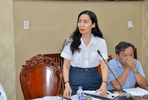 Giám đốc Ban Quản lý dự án đầu tư xây dựng công trình dân dụng và công nghiệp tỉnh Đồng Tháp Nguyễn Thị Thanh Phương phát biểu ý kiến.