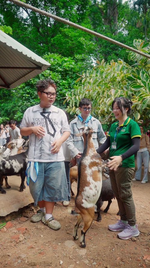 Hưng Lương, Thanh Ngọc - chủ kênh Nuchuu nè đang nghe các hướng dẫn viên tại Thảo Cầm Viên chia sẻ về các loài dê
