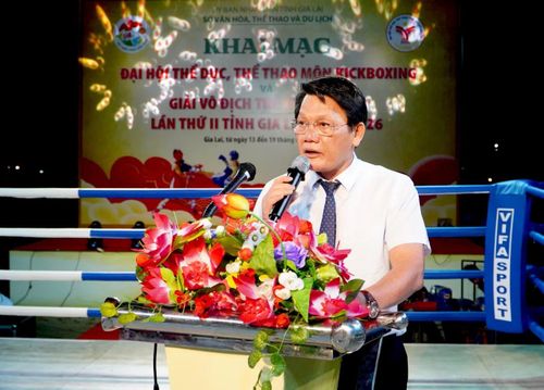 Lãnh đạo Sở Văn hóa, Thể thao và Du lịch tỉnh Gia Lai phát biểu tại buổi khai mạc.