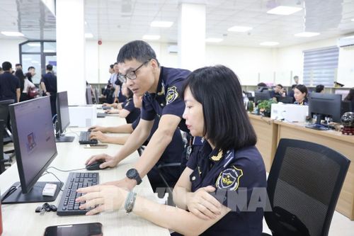 Công chức hải quan Đội thông quan, Chi cục Hải quan khu vực III kiểm tra tờ khai trên hệ thống. Ảnh: Mạnh Tú - TTXVN
